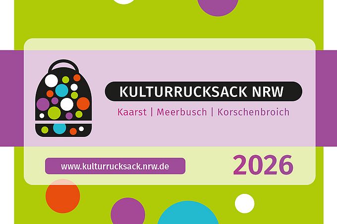 Buntes Plakat mit Kulturrucksack NRW 2026, Orten und Website.