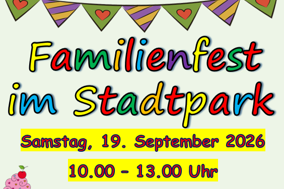 Plakat für ein Familienfest im Stadtpark am 19. September 2026 mit Aktivitäten und Verkaufsständen.
