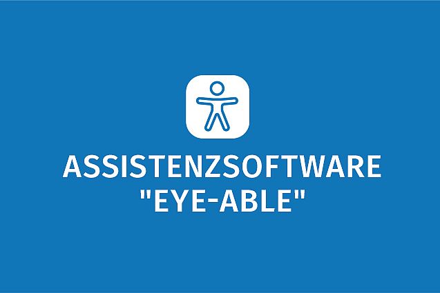 Logo von Assistenzsoftware "EYE-ABLE" mit einem Symbol eines Menschen in einem Quadrat auf blauem Hintergrund.