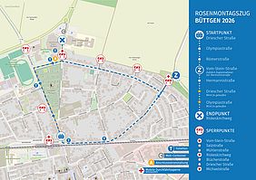 Karte des Rosenmontagszugs in Büttgen 2026 mit Startpunkt, Route, Sperrpunkten und Einrichtungen.