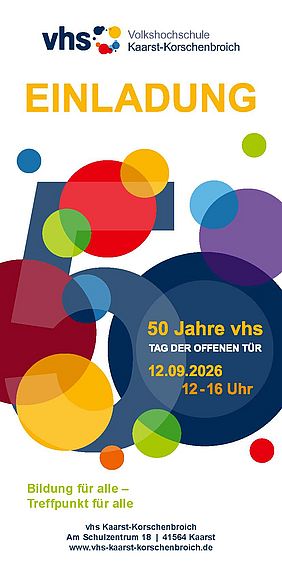 Einladung zur vhs Kaarst-Korschenbroich für den Tag der offenen Tür am 12.09.2026, 50 Jahre Jubiläum.