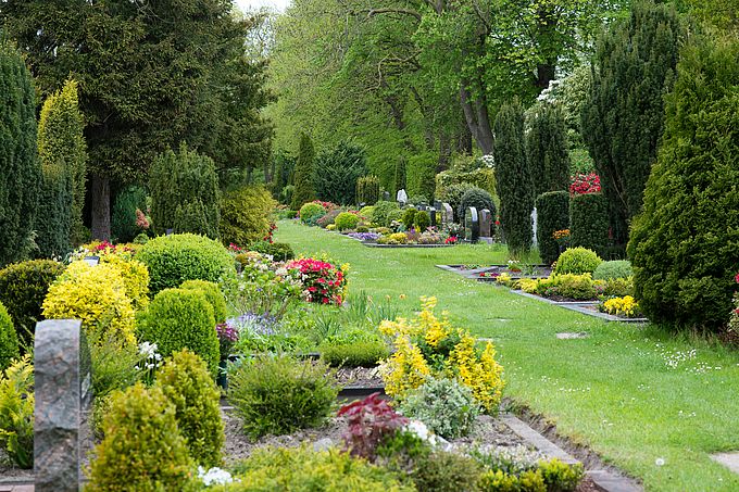 Ein Friedhof mit grünen Bäumen und gepflegten Wegen.