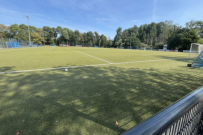 Ein Fußballfeld mit grünem Kunstrasen unter blauem Himmel, umgeben von Bäumen und Zäunen.