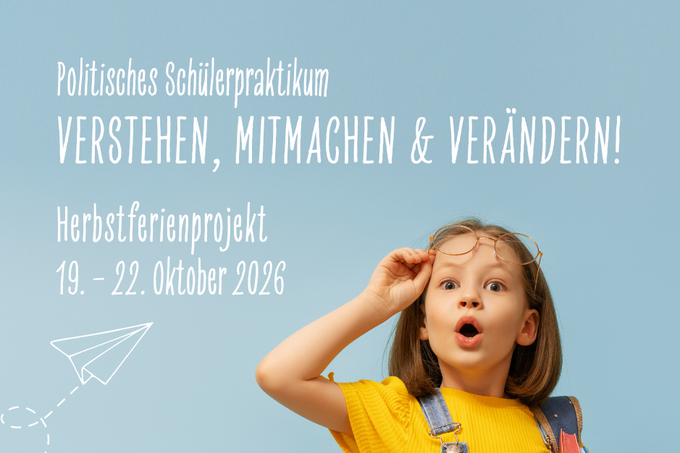 Ein Kind mit Brille und Schulranzen, das überrascht nach oben schaut. Text über ein Herbstferienprojekt für Schülerpraktikum.